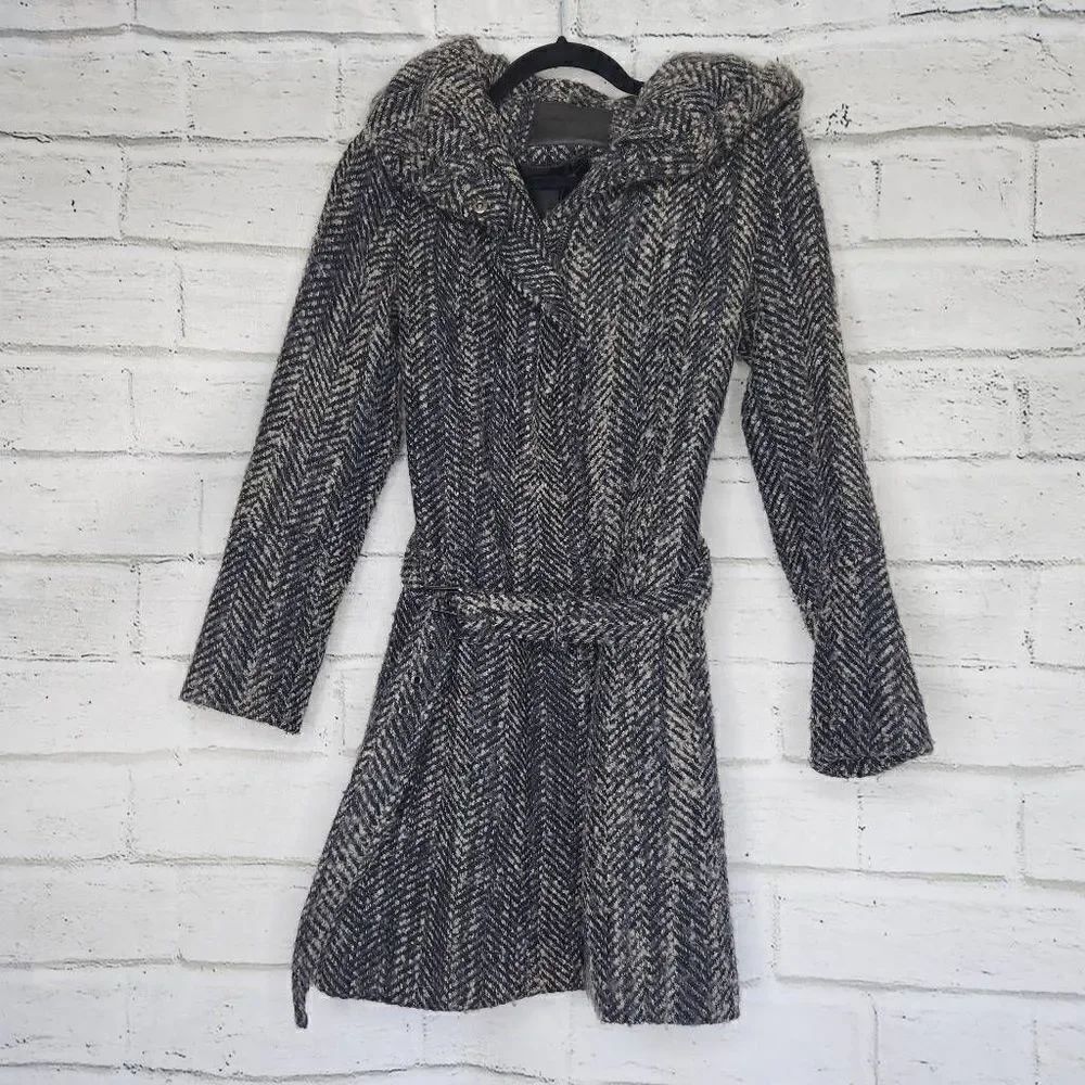 Zara Basic Women's Gray Textured Tweed Full Zip Lined Hooded Coat Size Small